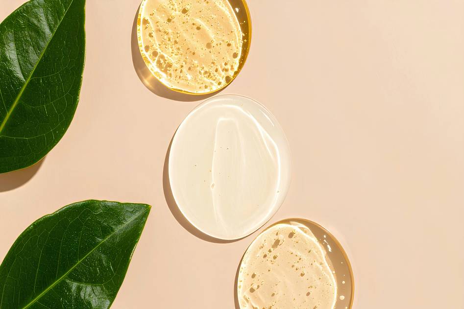Elegant flat-lay of collagen supplement capsules beside fresh botanicals and a skincare journal